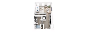 A top down view of a small apartment with a kitchen, living room, and bathroom.