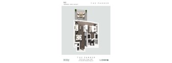 A floor plan of a 1 bedroom, 1 bath apartment at The Parker.