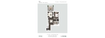 A floor plan for a 1 bedroom, 1 bath apartment at The Parker.