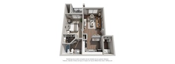 A 3D floor plan of a small apartment with a kitchen, living room, and bathroom.