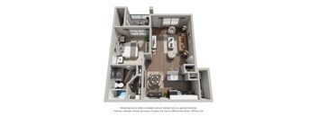 A 3D floor plan of a small apartment with a kitchen, living room, and bathroom.