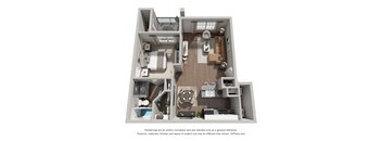 A 3D floor plan of a house with a kitchen, living room, and bathroom.
