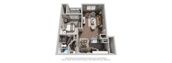 A 3D floor plan of a small apartment with a kitchen, living room, and bathroom.