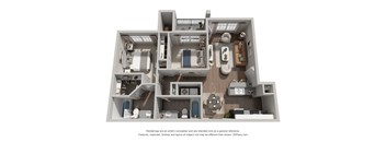 A 3D floor plan of a house with a kitchen, living room, and bathrooms.