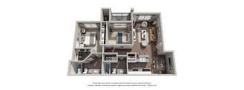 A 3D floor plan of a house with a kitchen, living room, and bathrooms.