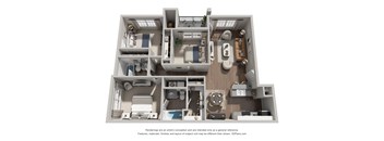 A 3D floor plan of a house with a kitchen, living room, and bathrooms.