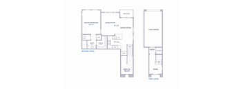 A blueprint of a house with a living room, dining room, kitchen, and two bedrooms.