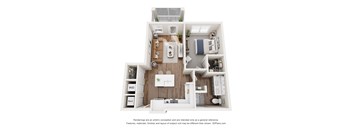 A 3D floor plan of a small apartment with a kitchen, living room, and bathroom.
