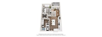 A 3D floor plan of a small apartment with a kitchen, living room, and bathroom.