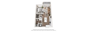 A 3D floor plan of a small apartment with a kitchen, living room, and bathroom.
