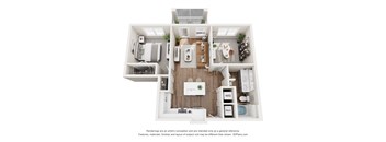 A 3D floor plan of a small apartment with a kitchen, living room, and bathroom.