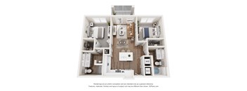 A 3D floor plan of a house with a kitchen, living room, and bathrooms.