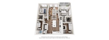 A 3D floor plan of a house with a kitchen, living room, and bathrooms.