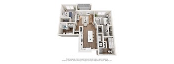 A 3D floor plan of a house with a kitchen, living room, and bathrooms.