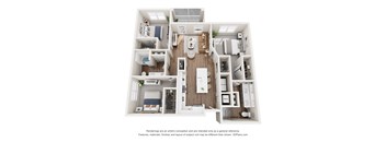 A 3D floor plan of a small apartment with a kitchen, living room, and bedrooms.