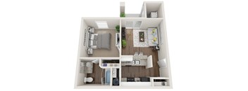 A top-down view of a small apartment with a bedroom, living room, kitchen, and bathroom.