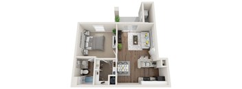 A 3D floor plan of a small apartment with a living room, kitchen, and bathroom.