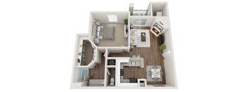 A 3D floor plan of a small apartment with a kitchen, living room, and bedroom.
