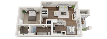 A 3D floor plan of a house with a living room, kitchen, and two bedrooms.