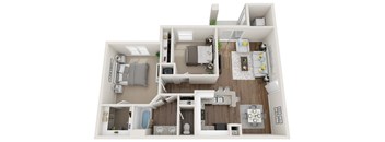 A 3D floor plan of a small apartment with a kitchen, living room, and bathroom.