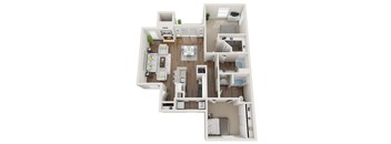 A 3D floor plan of a small apartment with a kitchen, living room, and bedroom.