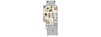 A floor plan of a house with a living room, dining room, kitchen, two bedrooms, a bathroom, and a 2 car garage.