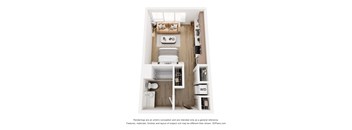 A 3D floor plan of a small apartment with a kitchen, living room, and bathroom.