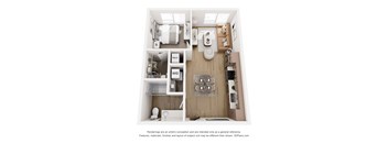 A 3D floor plan of a small apartment with a kitchen, bathroom, and living room.