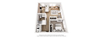 A 3D floor plan of a small apartment with a kitchen, living room, and bathroom.