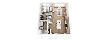 A 3D floor plan of a small apartment with a kitchen, living room, and bathroom.