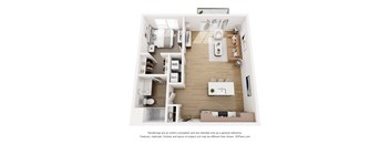 A 3D floor plan of a small apartment with a kitchen, living room, and bathroom.