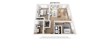 A 3D floor plan of a small apartment with a kitchen, living room, and bathroom.