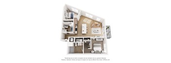 A 3D floor plan of a small apartment with a kitchen, living room, and bathroom.