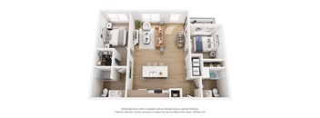 A 3D floor plan of a small apartment with a kitchen, living room, and bathroom.