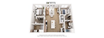 A 3D floor plan of a small apartment with a kitchen, living room, and bathroom.