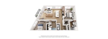A 3D floor plan of a small apartment with a kitchen, living room, and bathroom.