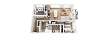 A 3D floor plan of a house with a kitchen, living room, and bathrooms.