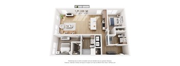 A 3D rendering of a modern, minimalist kitchen and living room.