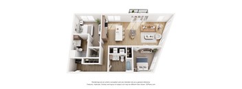 A 3D floor plan of a small apartment with a kitchen, living room, and bathroom.