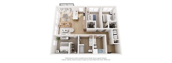 A 3D floor plan of a house with labeled rooms.