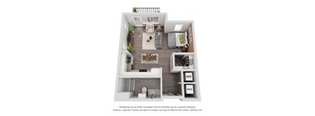 a stylized floor plan with a bedroom and a living room