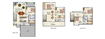 A diagram shows three different levels of a house layout, including a main level, lower level, and upper level.