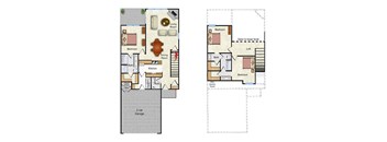 A floor plan of a house with two bedrooms, a living room, a dining room, a kitchen, a bathroom, and a 2 car garage.
