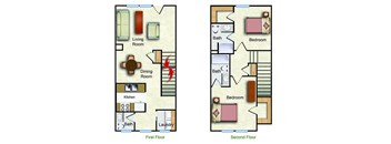 A diagram of a two-story house with labeled rooms.