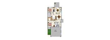 A floor plan of a house with two bedrooms, a living room, a kitchen, a dining room, a laundry room, a private courtyard, and a 2 car garage.