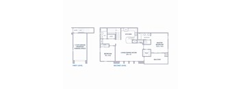 A floor plan of a two-level home with a kitchen, living room, dining room, and two bedrooms.