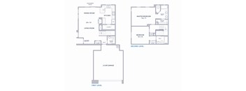 A floor plan of a two-level home with labeled rooms.