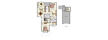 A floor plan of a two-story house with a living room, dining room, kitchen, two bedrooms, a bathroom, a laundry room, and a garage.