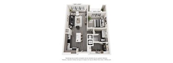 A 3D floor plan of a two-bedroom apartment with a living room, kitchen, and bathroom.