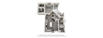 A 3D floor plan of a small apartment with a kitchen, living room, and bathroom.